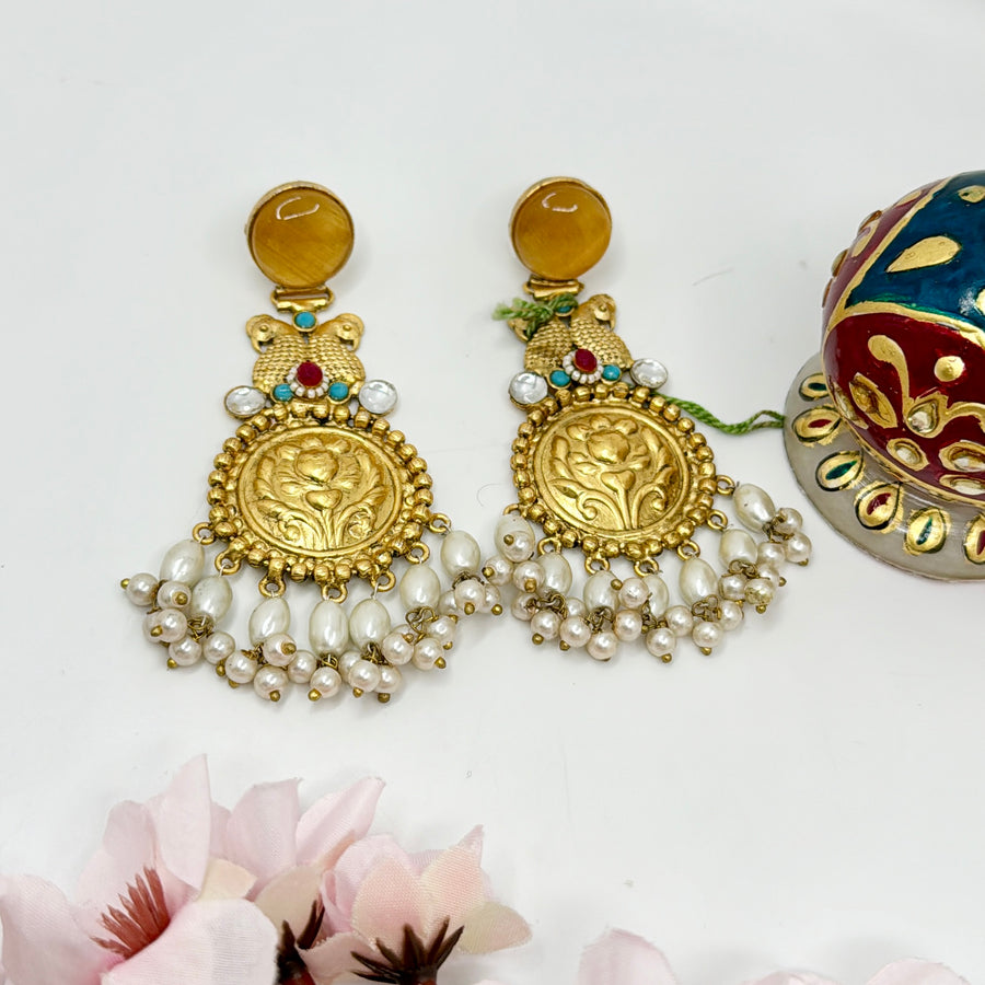 Yellow Antique Gold Silver Lookalike Earrings with Paachi Work