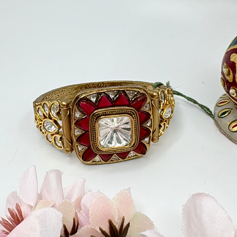 Ruby & Kundan Gold Finish Openable Bracelet(Fits Size 2.2-2.6)