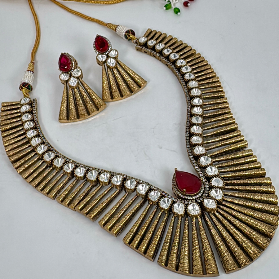 Ruby Doublet Moissanite Antique Gold Chic Necklace Set