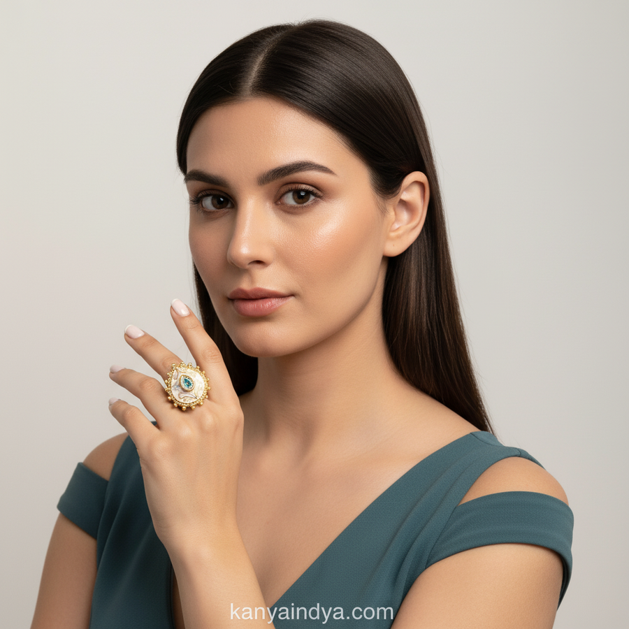 Turquoise Ivory Multi Meenakari Kundan Adjustable Finger Ring