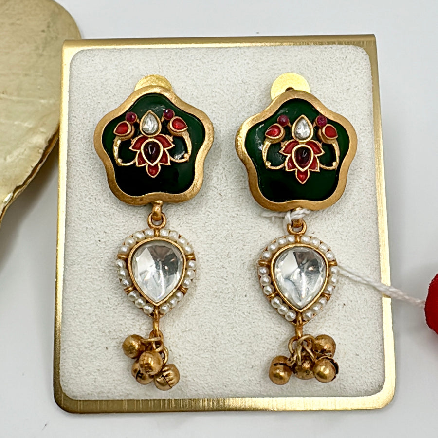 Green Glass Stone & Inlay Work Antique Gold Earrings With Kundan Drops