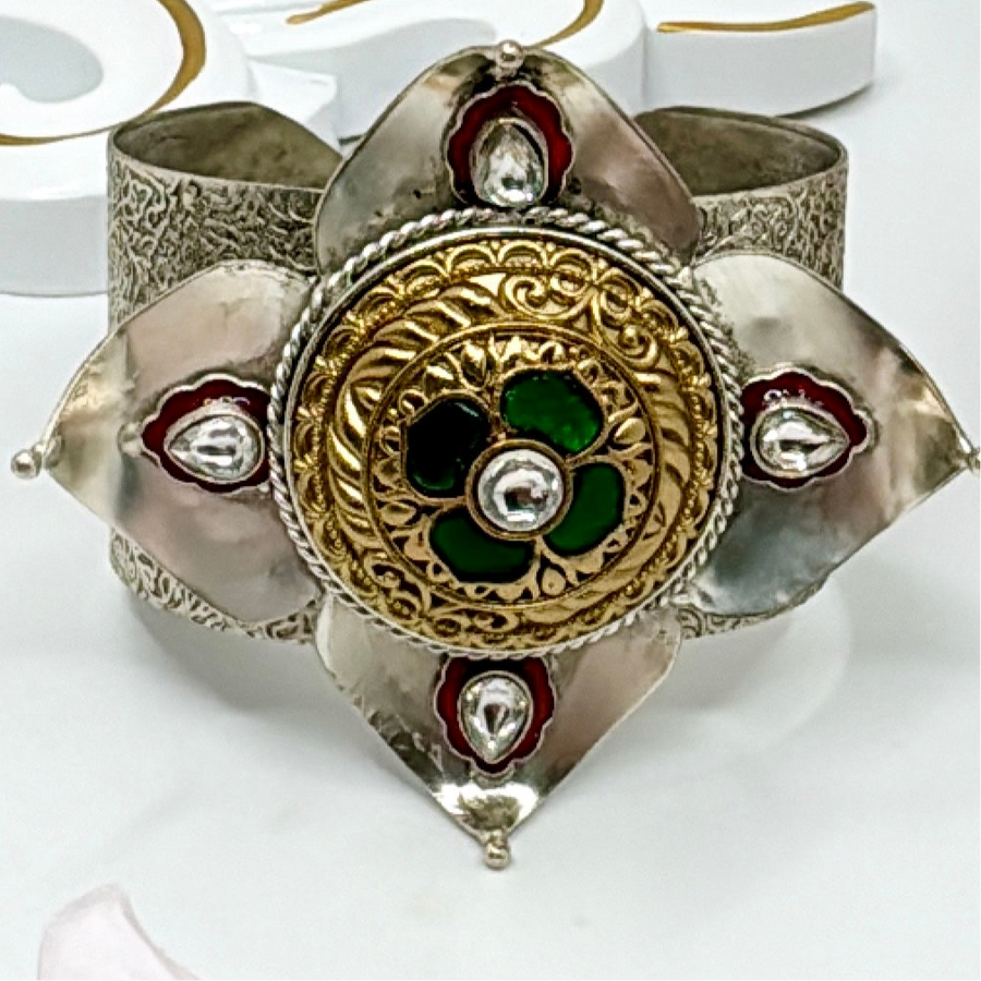 Green & Ruby Silver Lookalike Cuff Bracelet