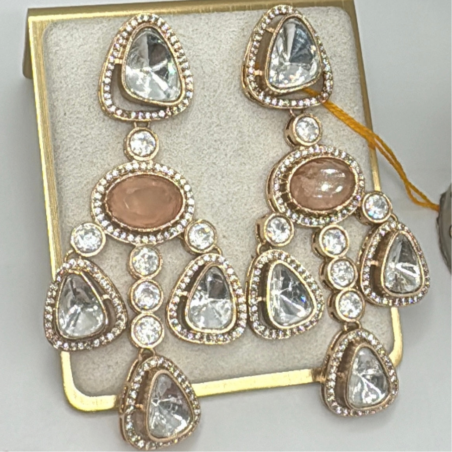 Peach Moissanite Kundan Statement Earrings