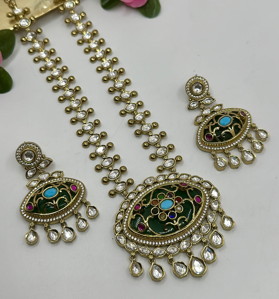 Green Inlay Glass Stone Work Long Necklace Set