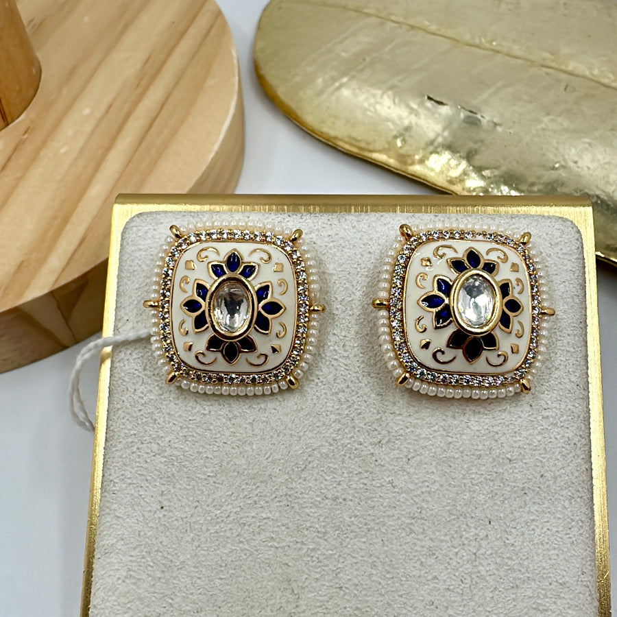 Blue & Ivory Minakari Kundan Stud Earrings