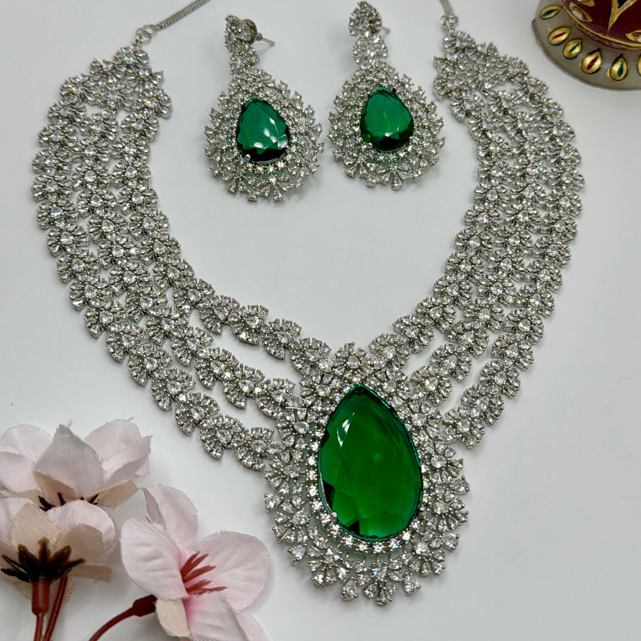 Green American Diamonds Three Layers Statement Necklace Set