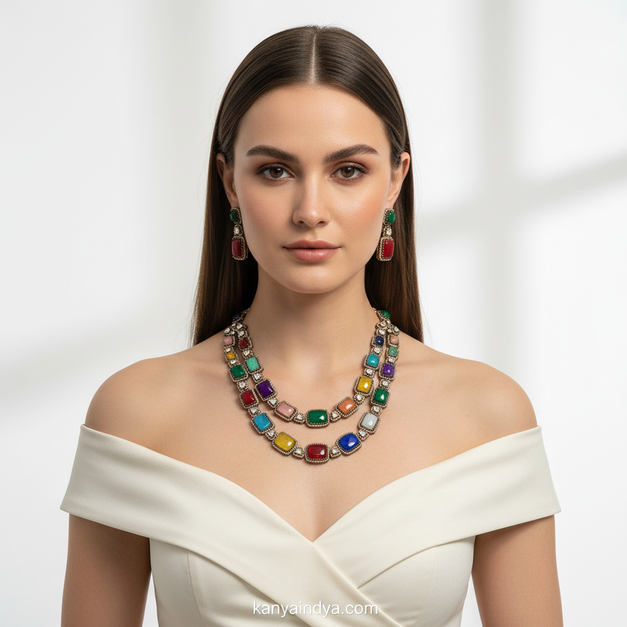 Multi Doublet Moissanite Two Layer Necklace Set