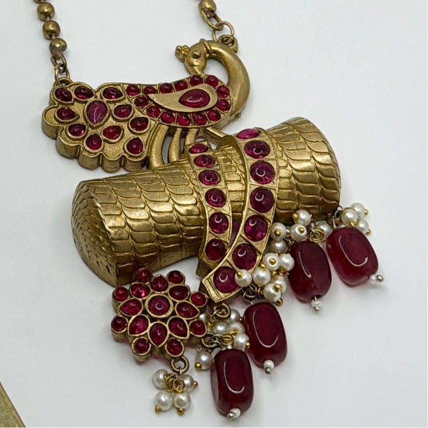 Ruby Antique Gold Silver Lookalike Long Necklace Set