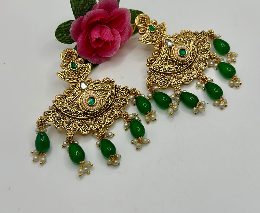 Green Gold Kundan Statement Earrings