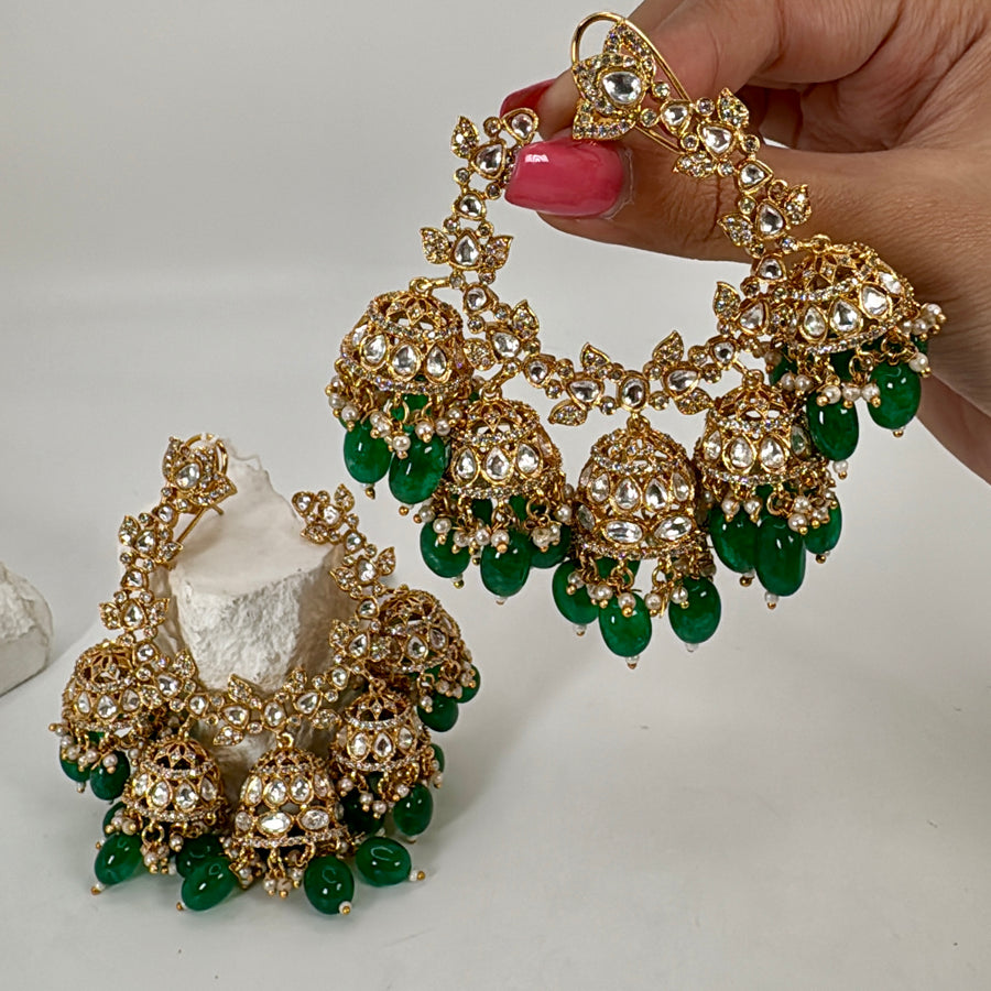 Green Kundan Statement Hoop Style Jhumka Chand Bali Earrings