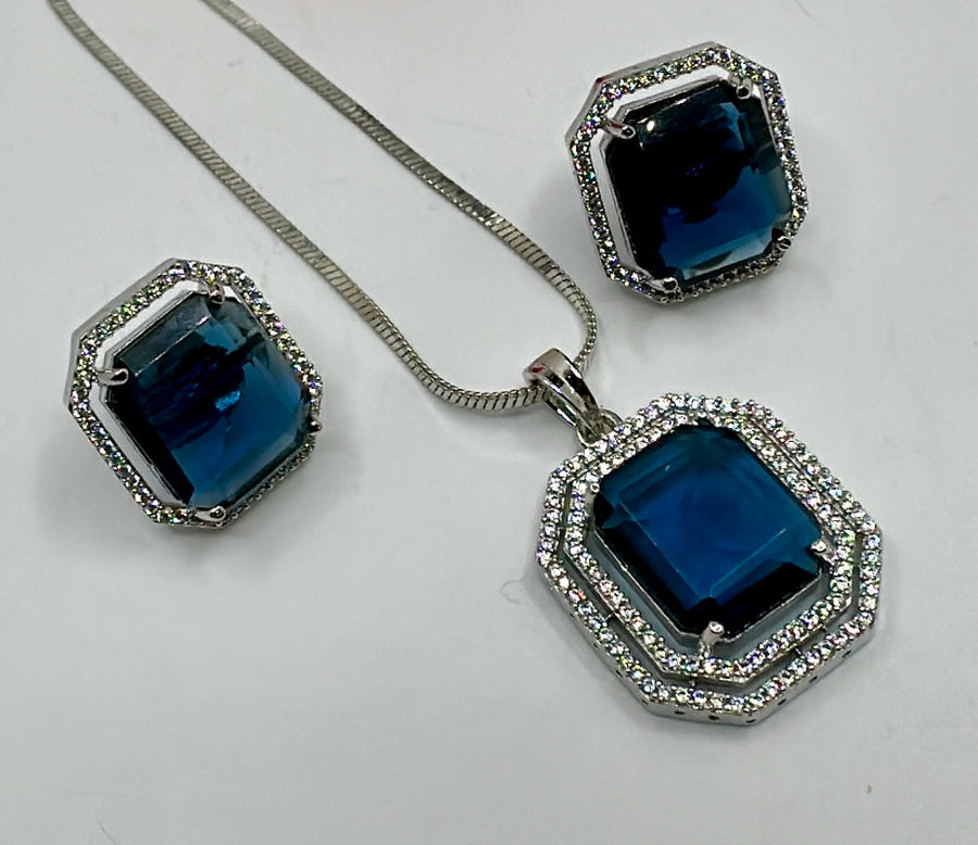 Blue American Diamond Pendant Set