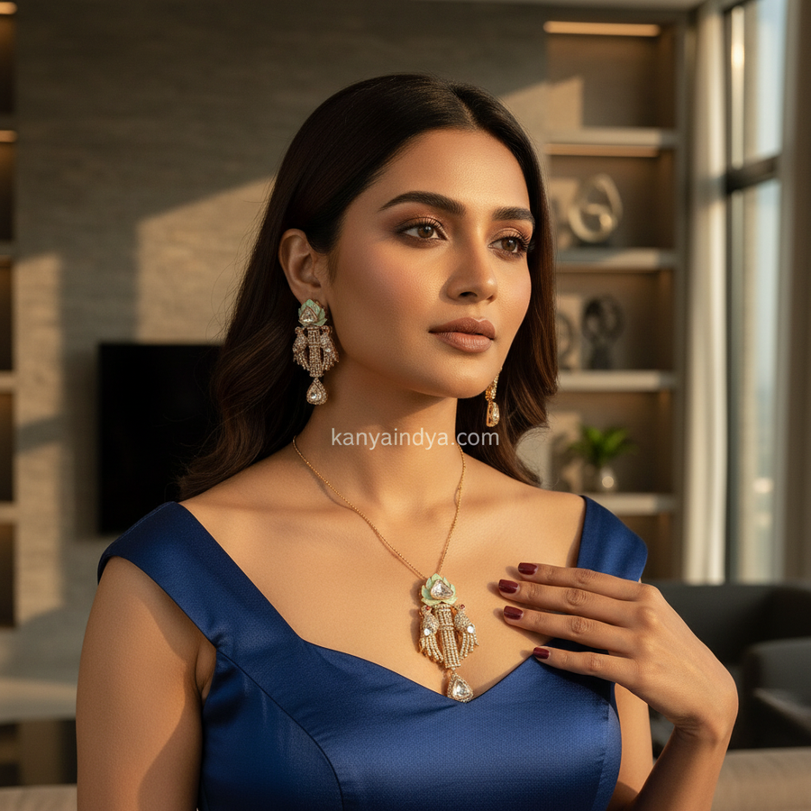 Mint Jadau Moissanite Pendant Necklace Set