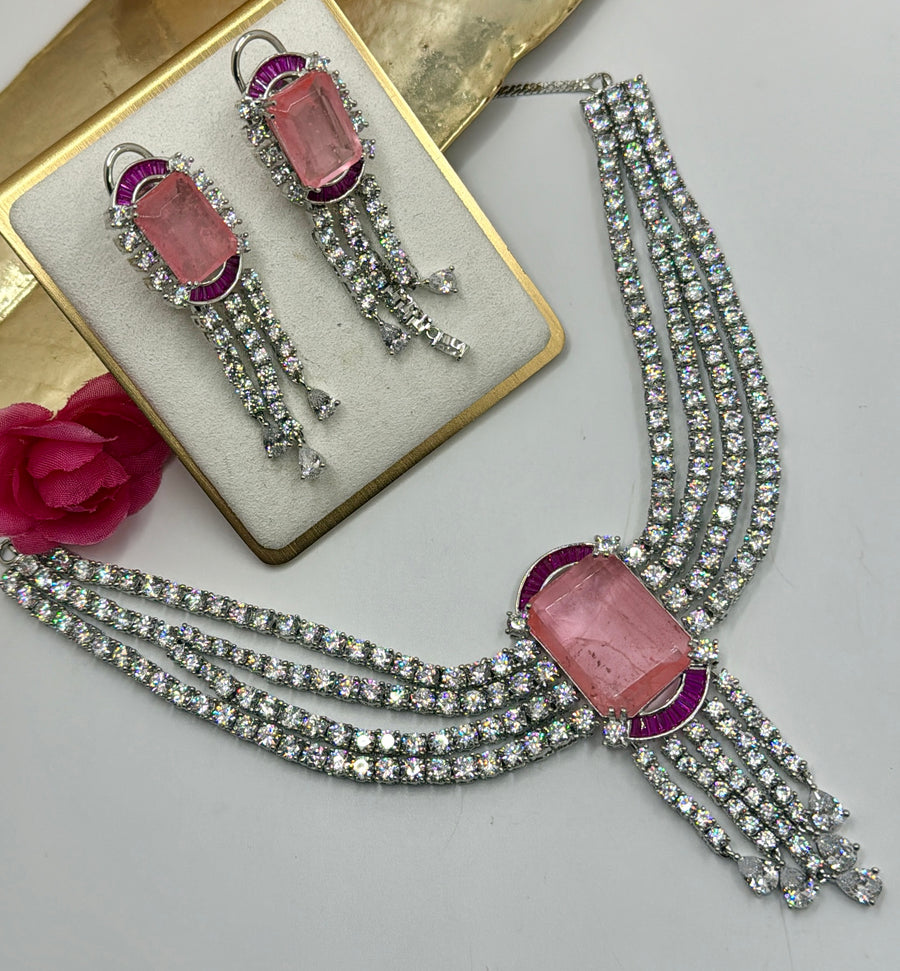 Peach And Ruby American Diamonds Necklace Set