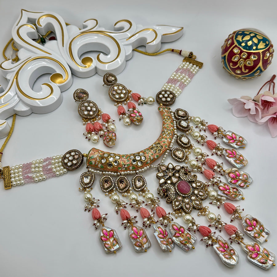 Pink Meenakari & Baruq Pearl Hand Painted Moissanite Statement Necklace Set