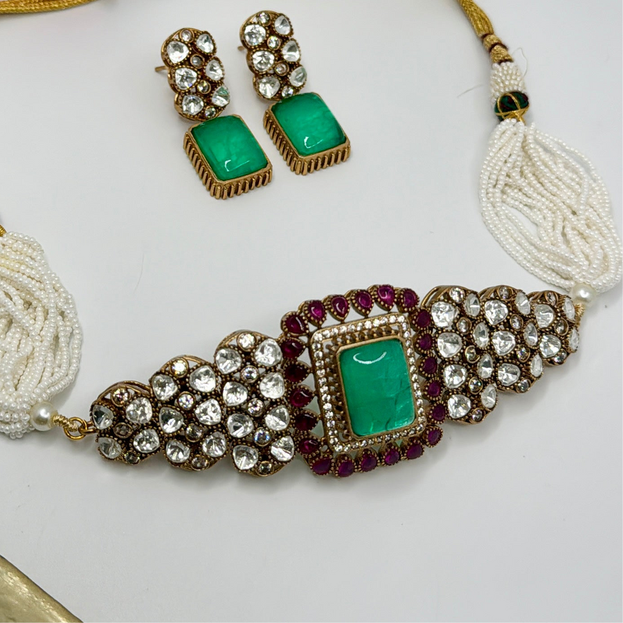 Green & Ruby Doublet Kundan Choker Set