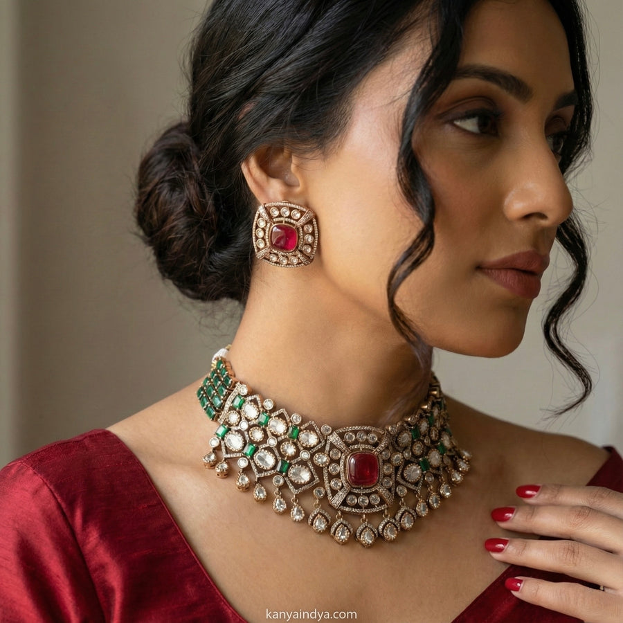 Ruby Doublet & Green Invisible Setting Moissanite Choker Necklace Set