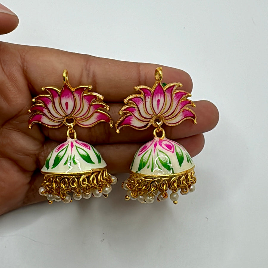 Pink Dainty Lotus Tanjore Jhumka