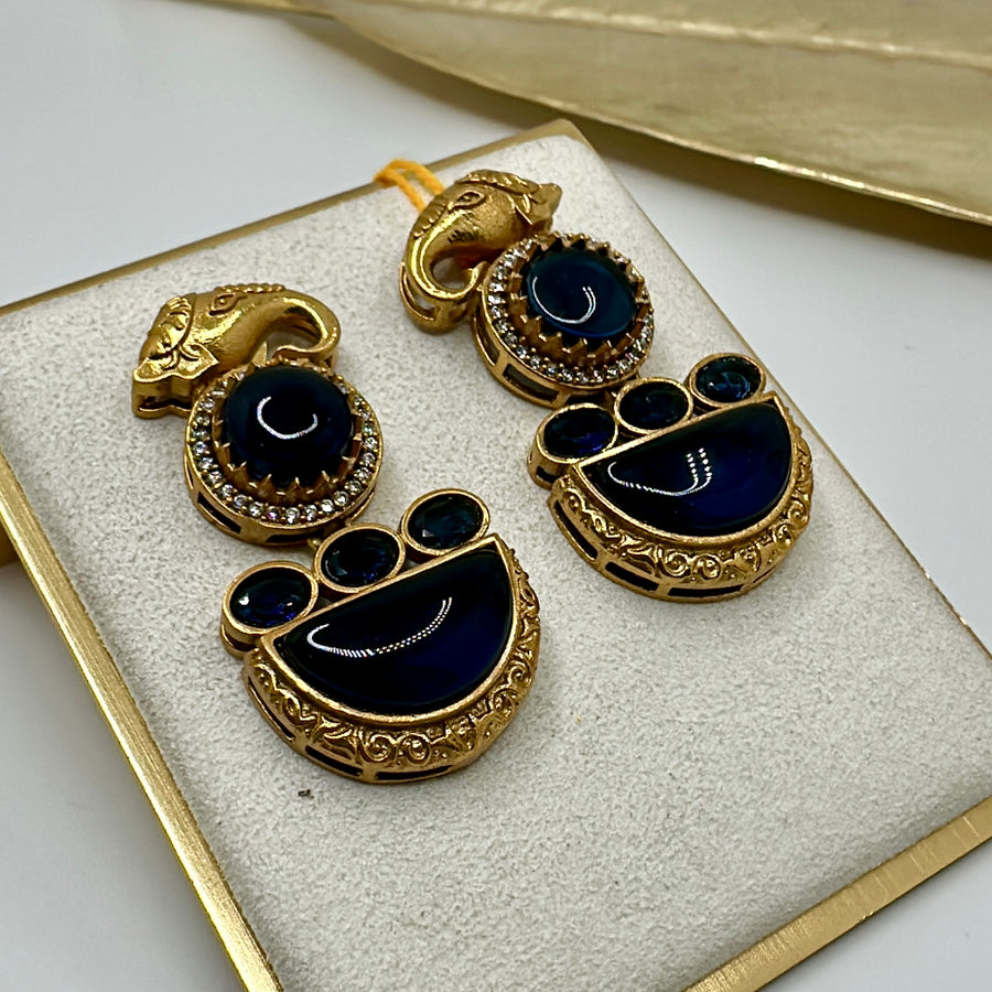 Blue Pota Doublet & American Diamonds Elephant Earrings