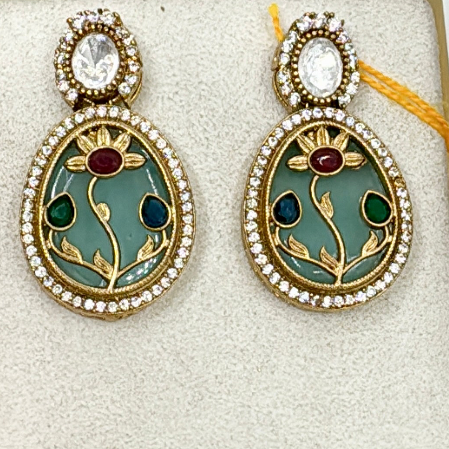 Mint Stone With Inlay Work Kundan Earrings