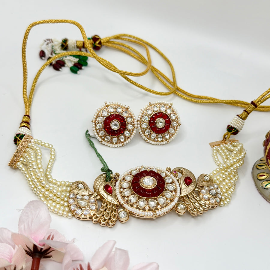 Red Moissanite Kundan & Pearl Choker Necklace Set