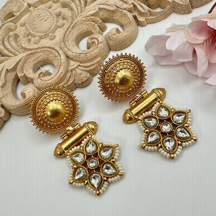 Clear Antique Gold Moissanite Kundan Earrings