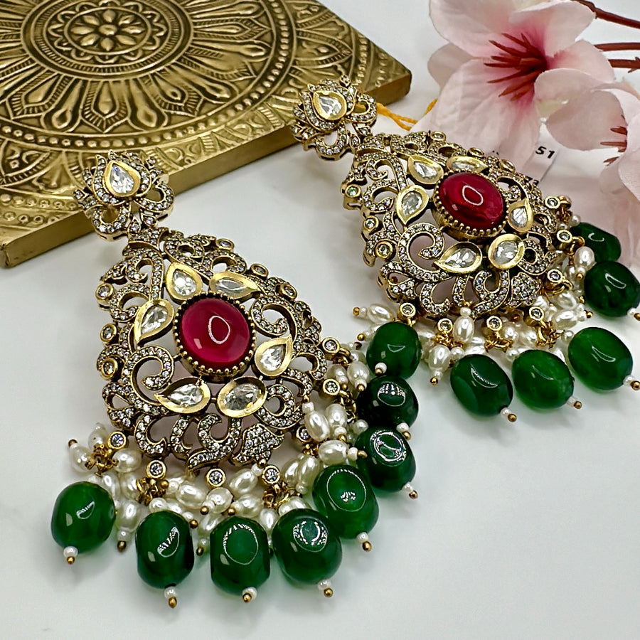 Ruby & Green Moissanite Kundan Statement Earrings