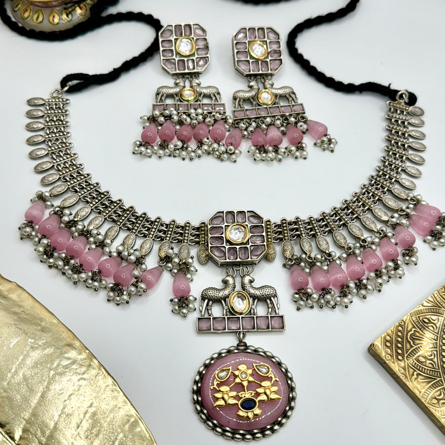 Pink Silver Lookalike  Necklace Set