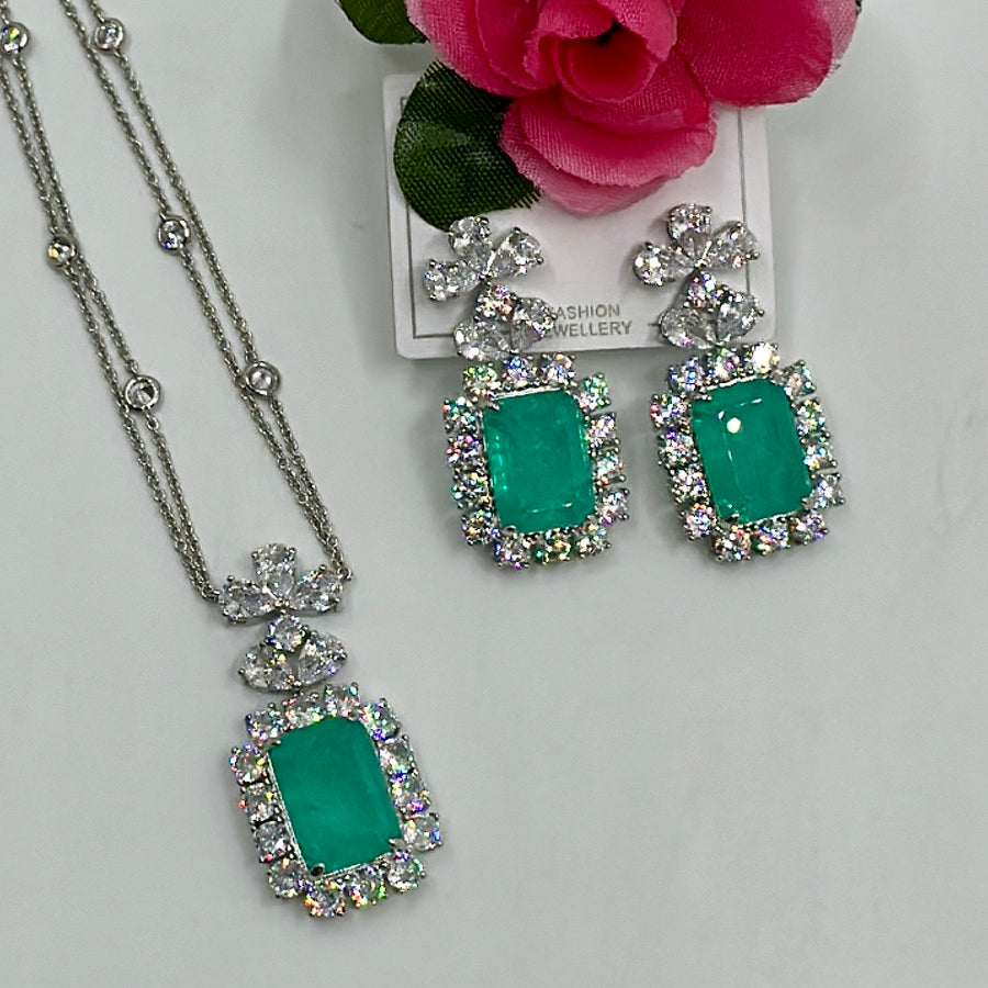 Teal American Diamonds Pendant Set