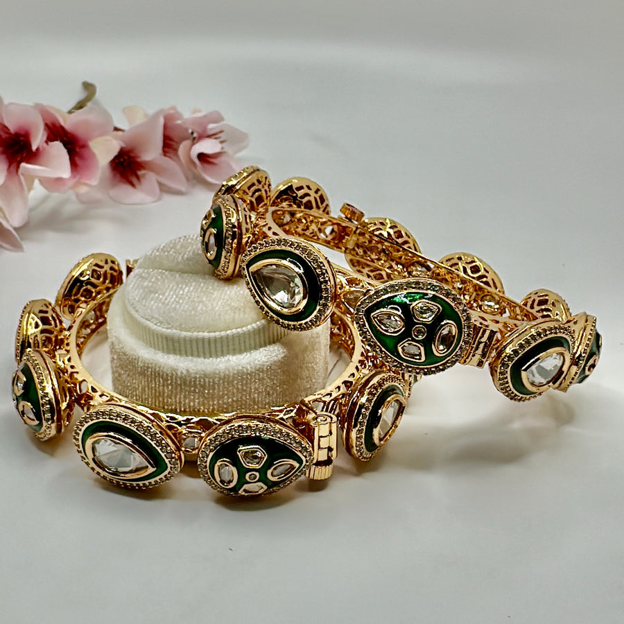 Green Meenakari & Premium Kundan Openable Bangle Pair( Size 2.2)