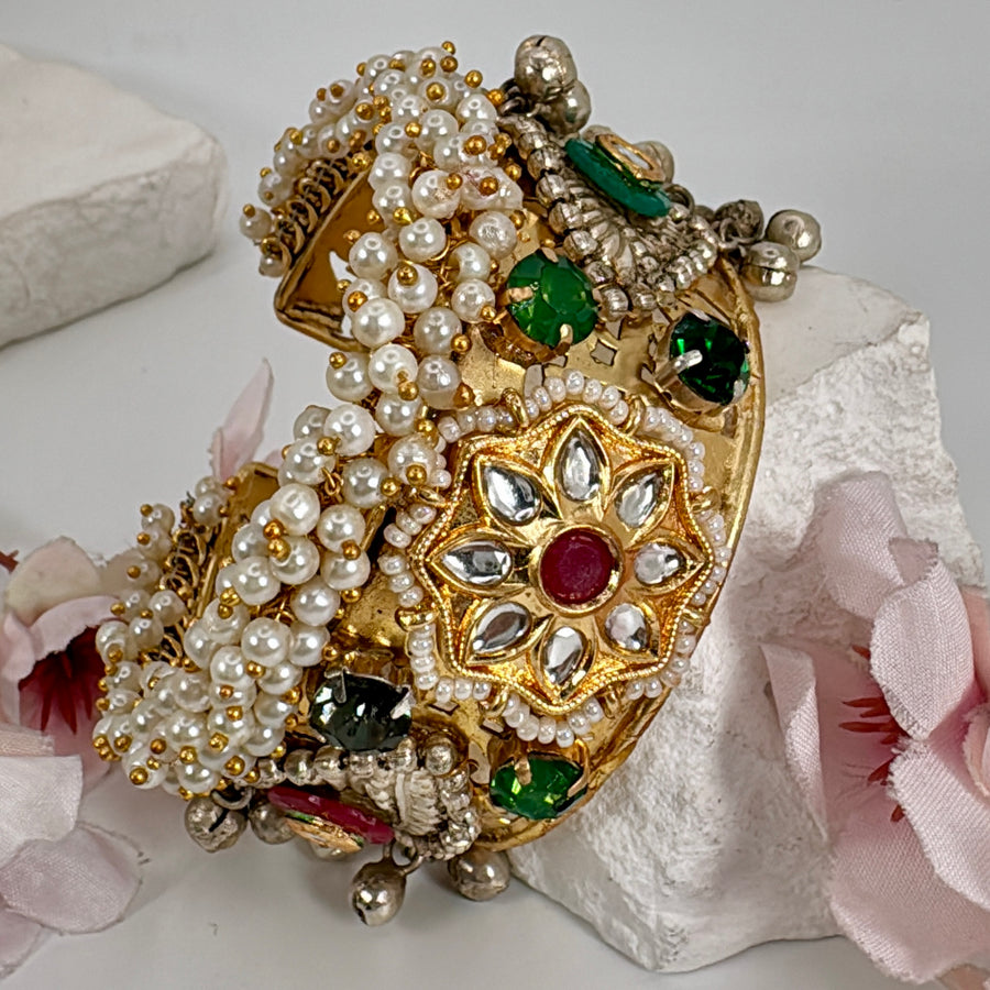 Multi Silver Lookalike Gold Pearl Cluster Cuff Bangle(One Size Fits All)
