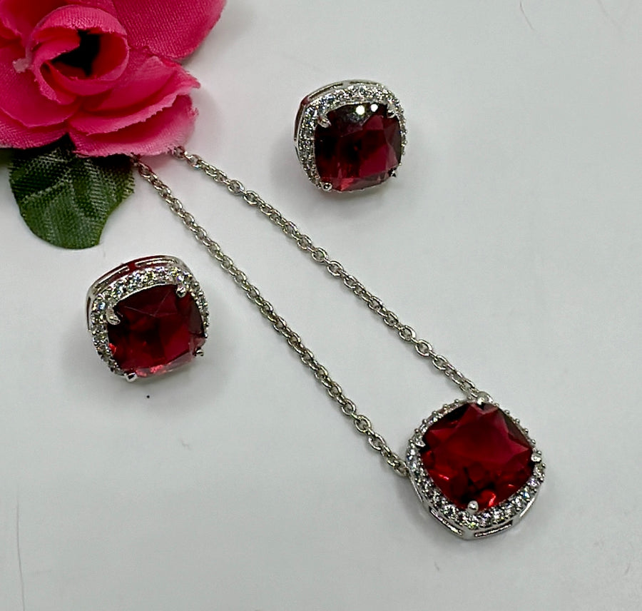 Ruby Red American Diamonds Dainty Pendant Set