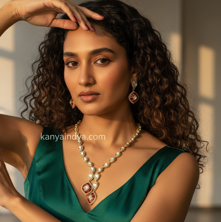 Ruby Jadau Polki Kundan Dainty Necklace Set