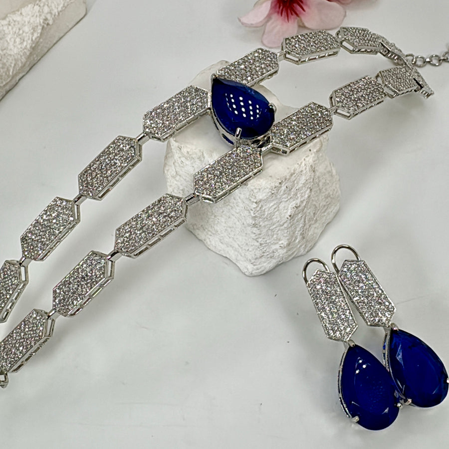 Blue Doublet & American Diamonds Nano Setting Choker Necklace Set