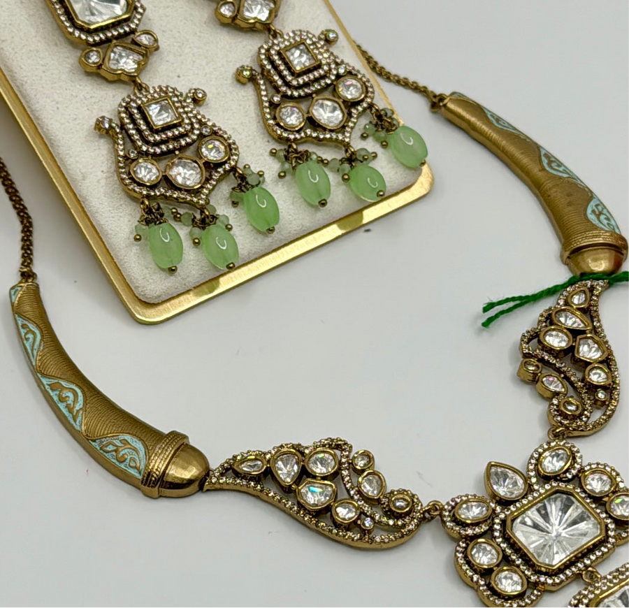 Mint Green Moissanite Hasli Necklace Set With Meenakari