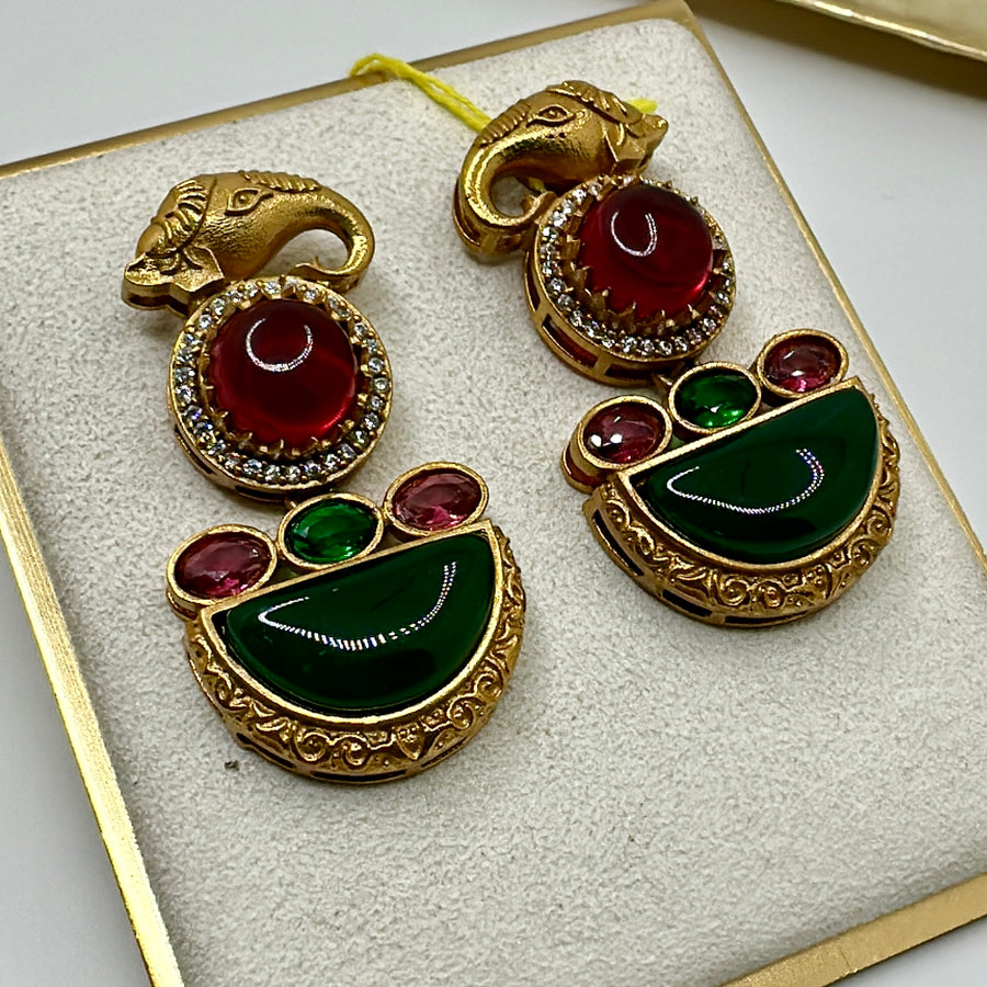 Red & Green Pota Doublet & American Diamonds Elephant Earrings