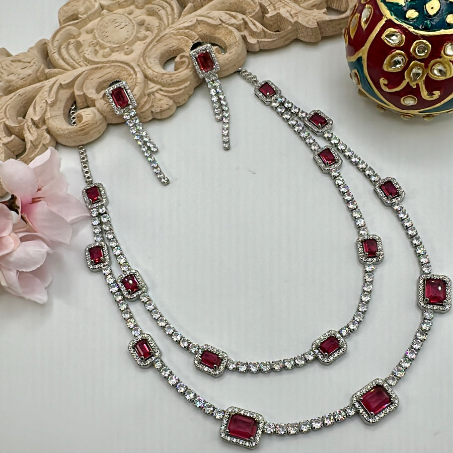 Ruby Two Layer American Diamonds Necklace Set