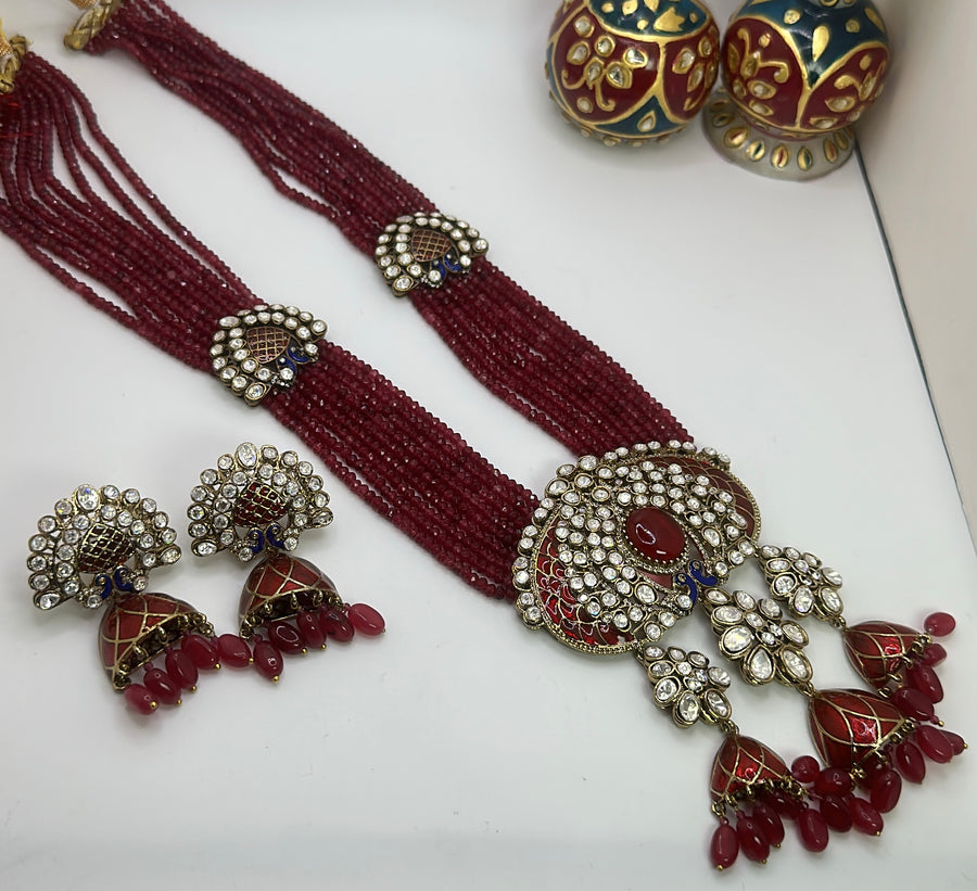 Ruby Red Moissanite and Minakari Long Necklace Mala Set