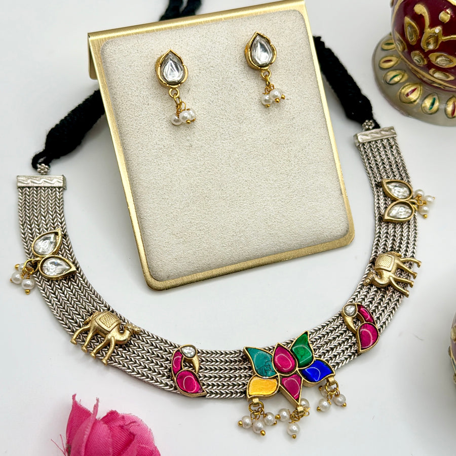 Clear Silver Lookalike Necklace Set With Multi Paachi Motifs