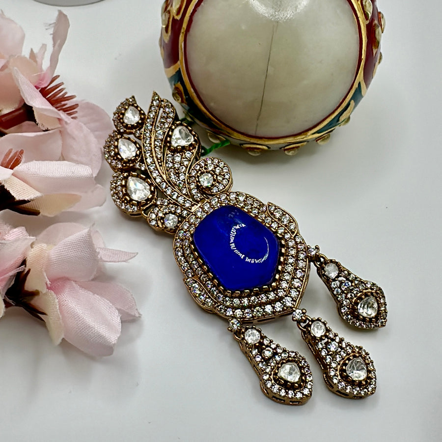 Blue Doublet & Moissanite Kundan Juda Bun Hair Accessory(Can also be worn as Pendant)