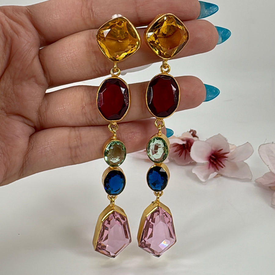 Multi Pink Glass Stone American Diamonds Cubic Zirconia  Earrings (Approx. Length 3.5 inches)