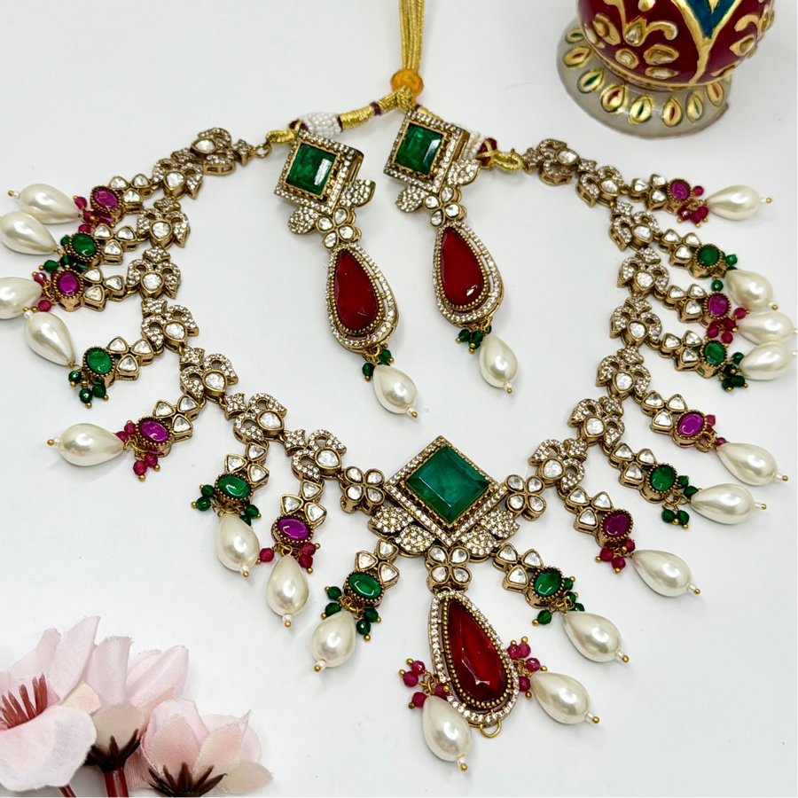 Green & Ruby Moissanite Kundan Necklace Set