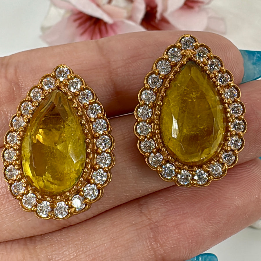 Yellow Doublet & American Diamonds CZ Stud Earrings