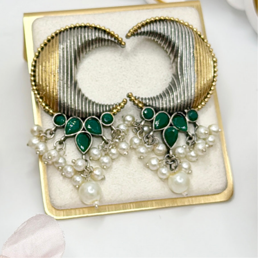 Green Dual Tone Silver Lookalike Earrings