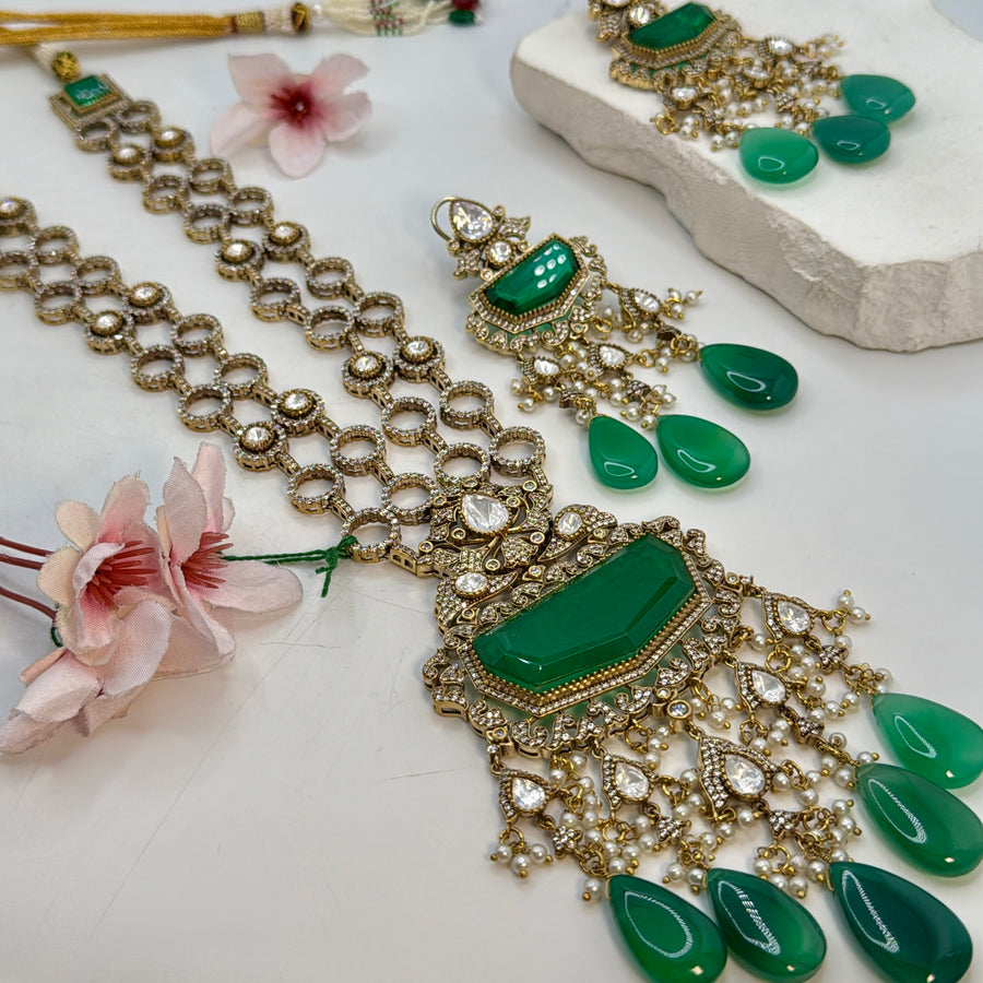 Green Doublet & Moissanite Long Necklace Set