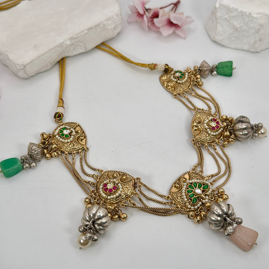 Multi Silver Lookalike Gold Necklace Set With Paachi Motifs