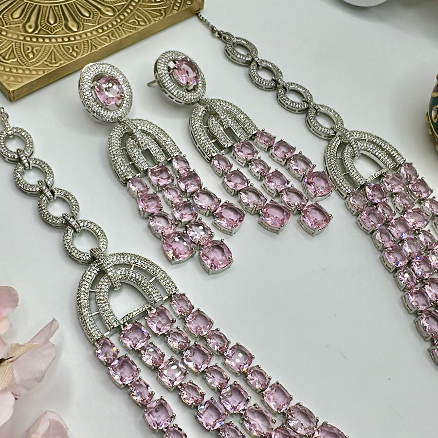 Pink Three Layer Premium CZ American Diamonds Statement Necklace Set