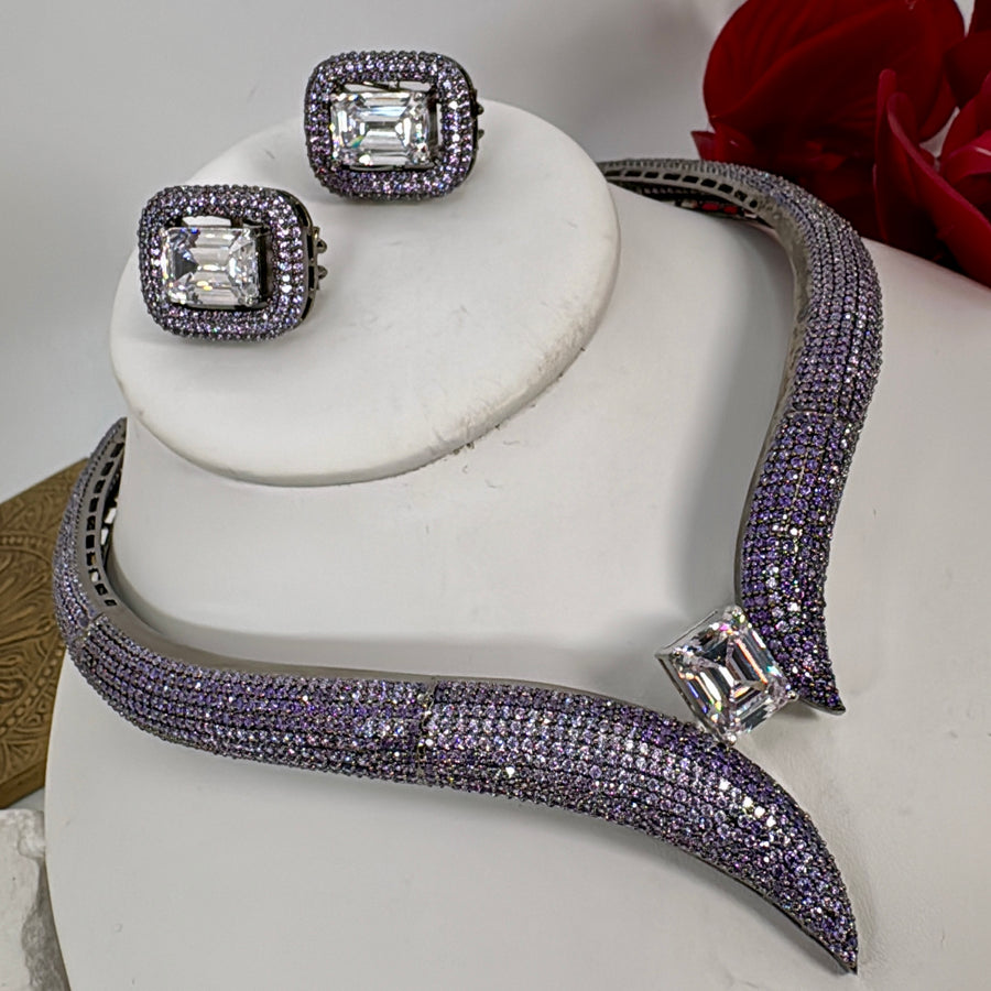 Lilac Invisible Setting Cubic Zirconia Chic Collar Necklace Set