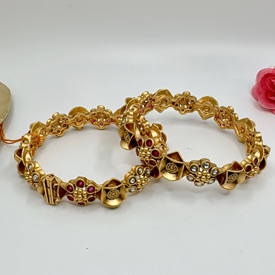 Ruby & White Flower Antique Gold Openable Bangles Pair (Size 2.8)