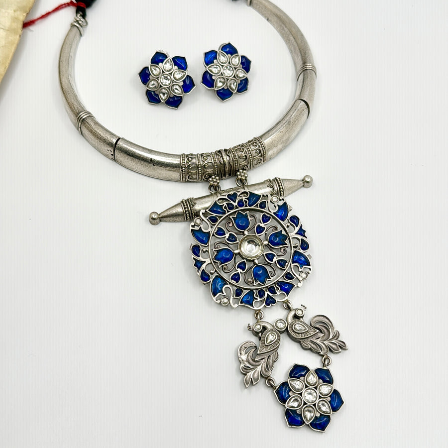 Blue Silver Lookalike Statement Hasli Necklace Set