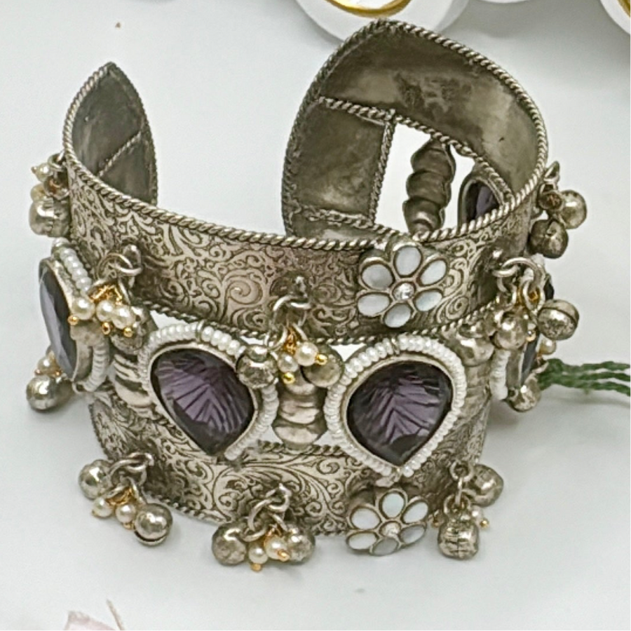 Purple Silver Lookalike Cuff Bracelet With MOP Flower Motifs